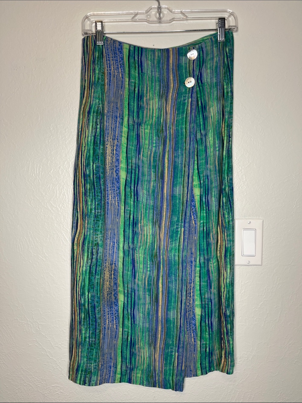 Vintage Tracy Evans Vertical Striped Teal Wrap Skirt Midi Length - Size M